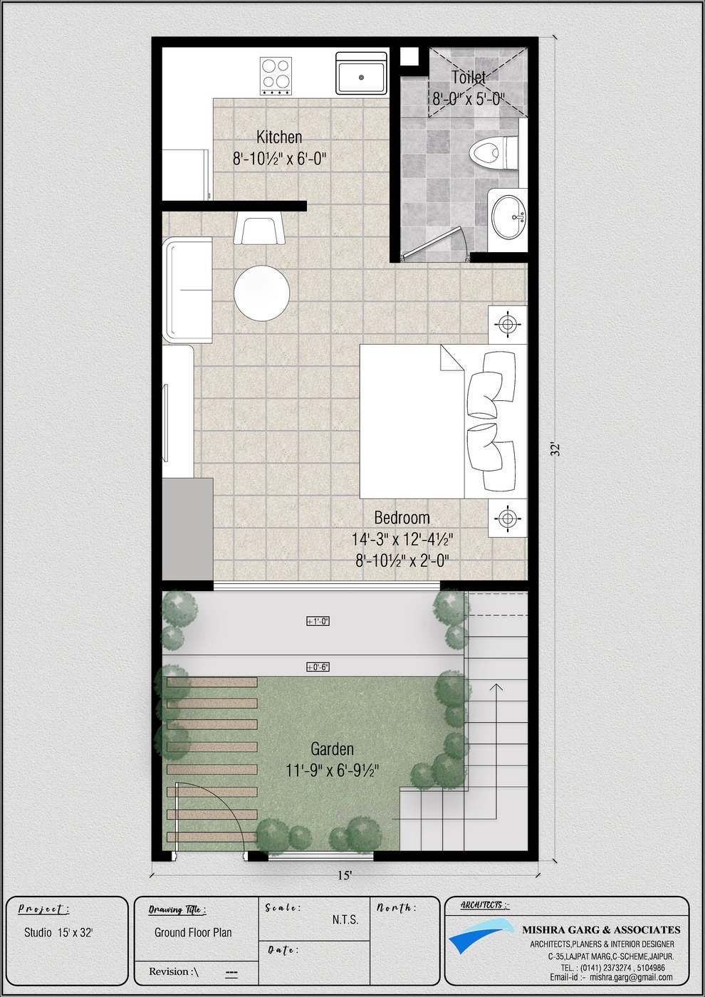 Studio villa – ground floor plan, 15 by 32 feet